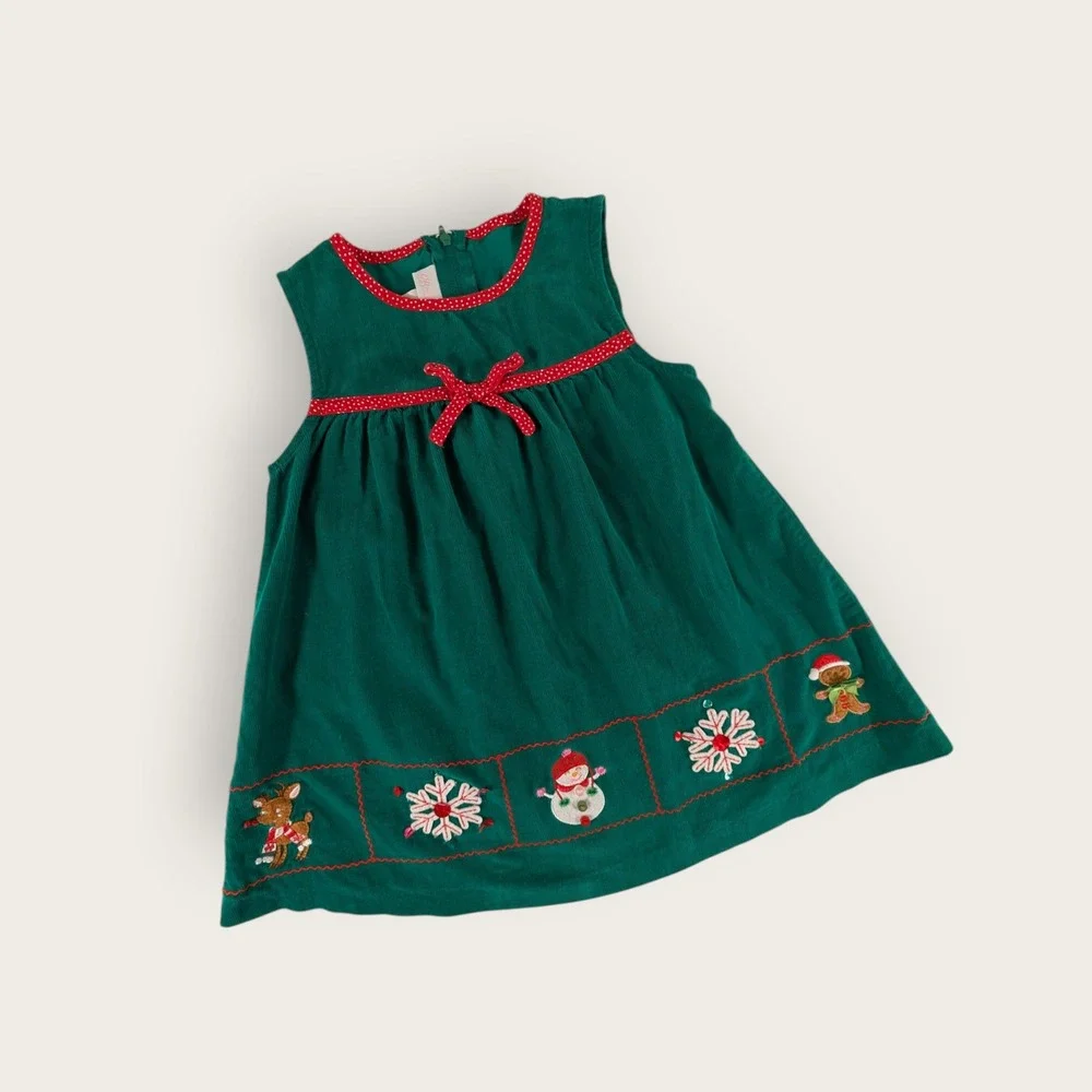 Green Corduroy Holiday Jumper Dress Kids Christmas Snowman Reindeer Embroidery